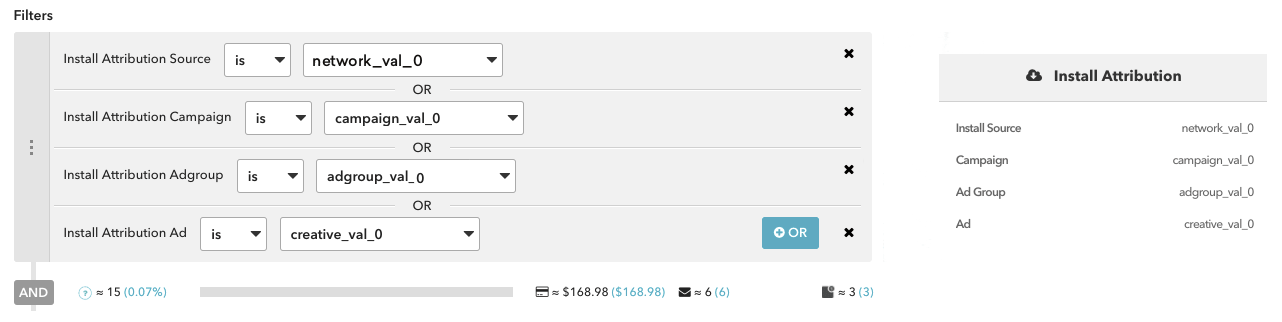 네 가지 사용 가능한 필터. 첫 번째는 Install Attribution Source가 network_val_0인 경우입니다. 두 번째는 Install Attribution Source가 campaign_val_0인 경우입니다. 세 번째는 Install Attribution Source가 adgroup_val_0인 경우입니다. 네 번째는 Install Attribution Source가 creative_val_0인 경우입니다. 나열된 필터 옆에서 이러한 기여도 소스가 고객 프로필에 어떻게 추가되는지 확인할 수 있습니다. 사용자 정보 페이지의 Install Attribution 상자에서 Install Source는 network_val_0으로, campaign은 campaign_val_0으로 나열됩니다.