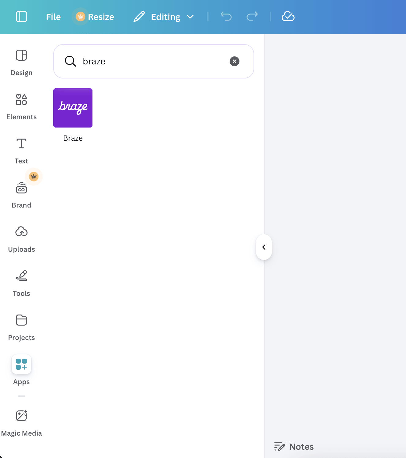 Canva Apps 메뉴의 Braze 앱.