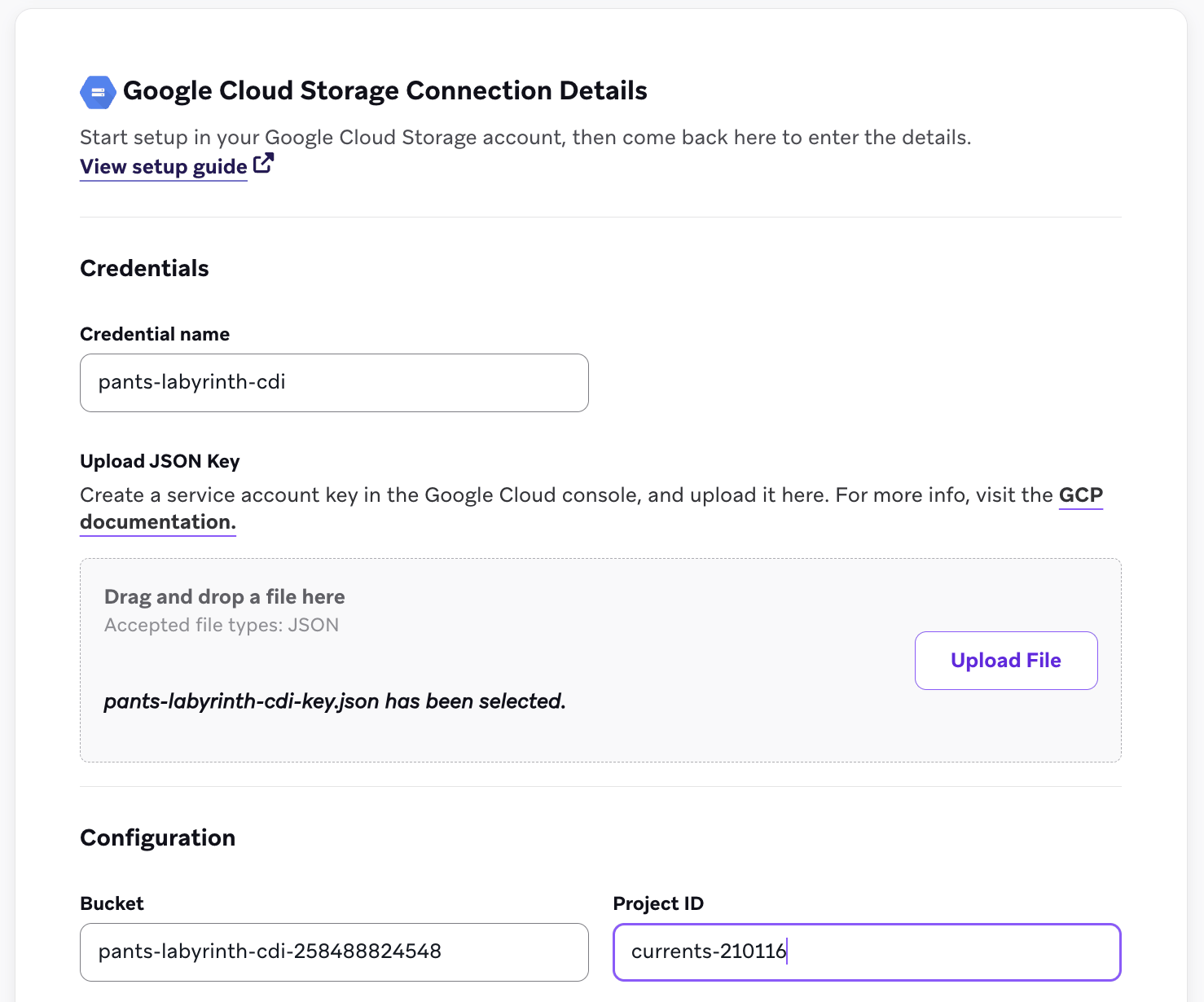 버킷, 프로젝트 ID 및 자격 증명 업로드 필드가 표시된 Google Cloud Storage 소스 양식.