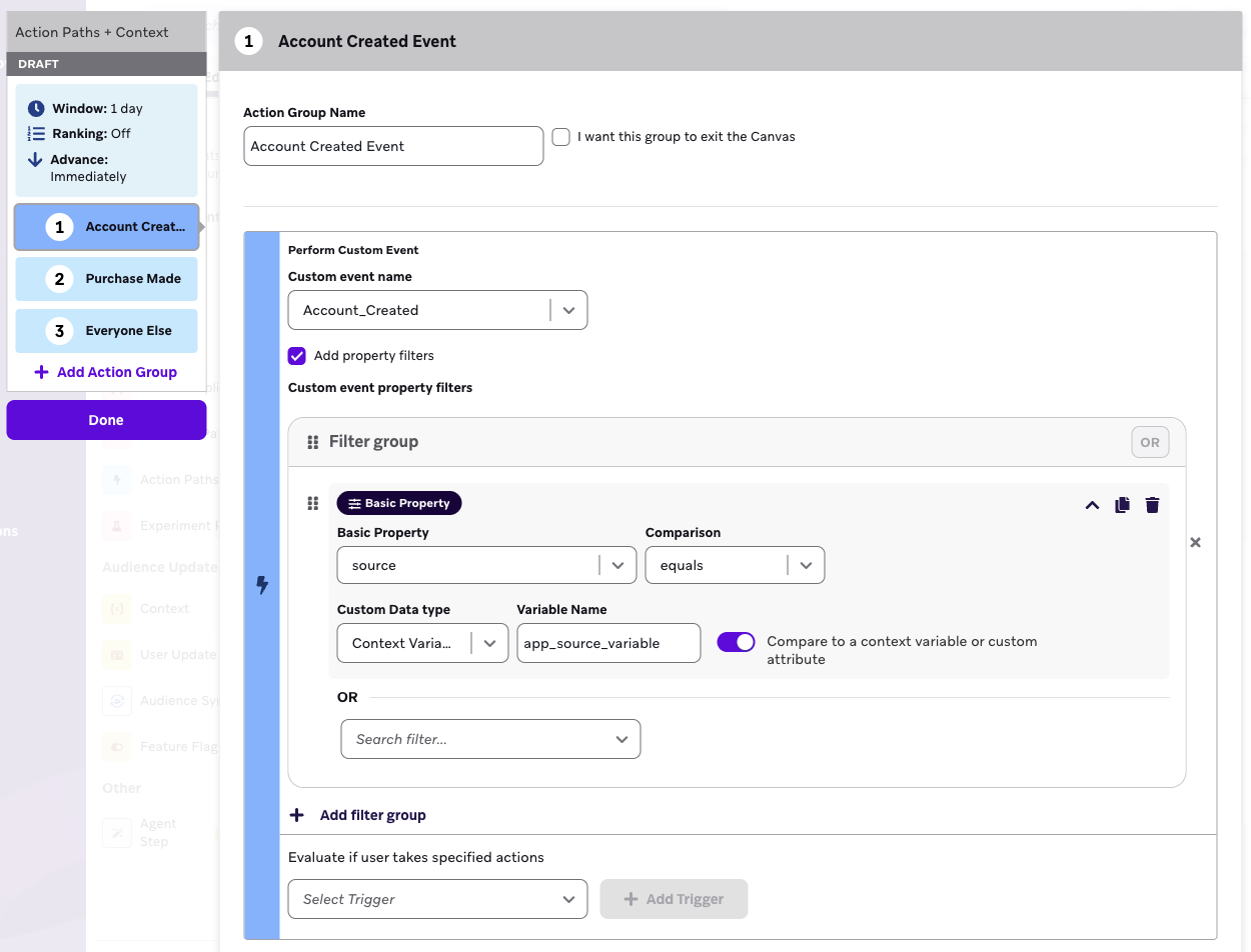 커스텀 이벤트를 수행할 때 컨텍스트 변수를 참조하는 액션 경로의 예입니다.