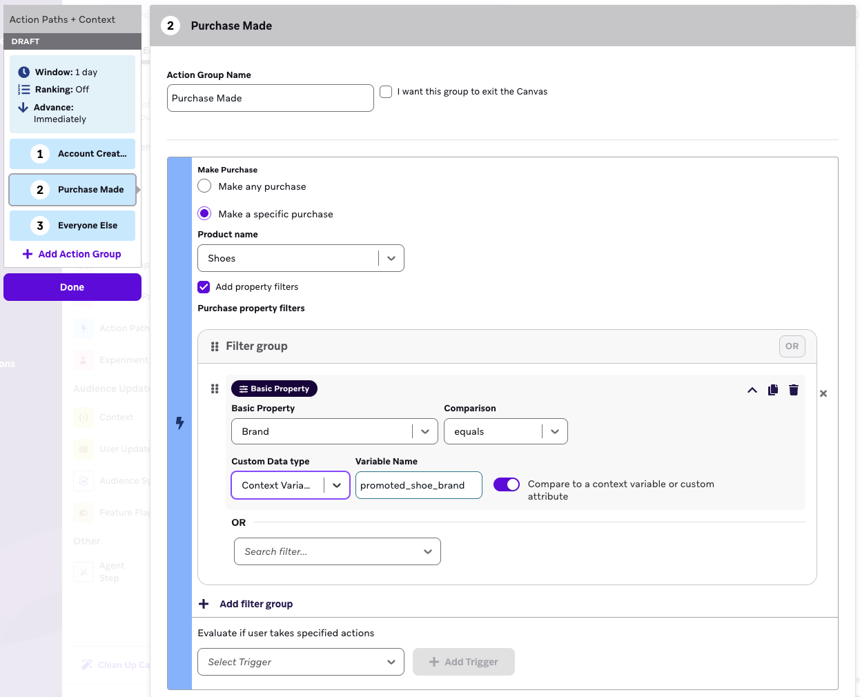 구매할 때 컨텍스트 변수를 참조하는 액션 경로의 예입니다.