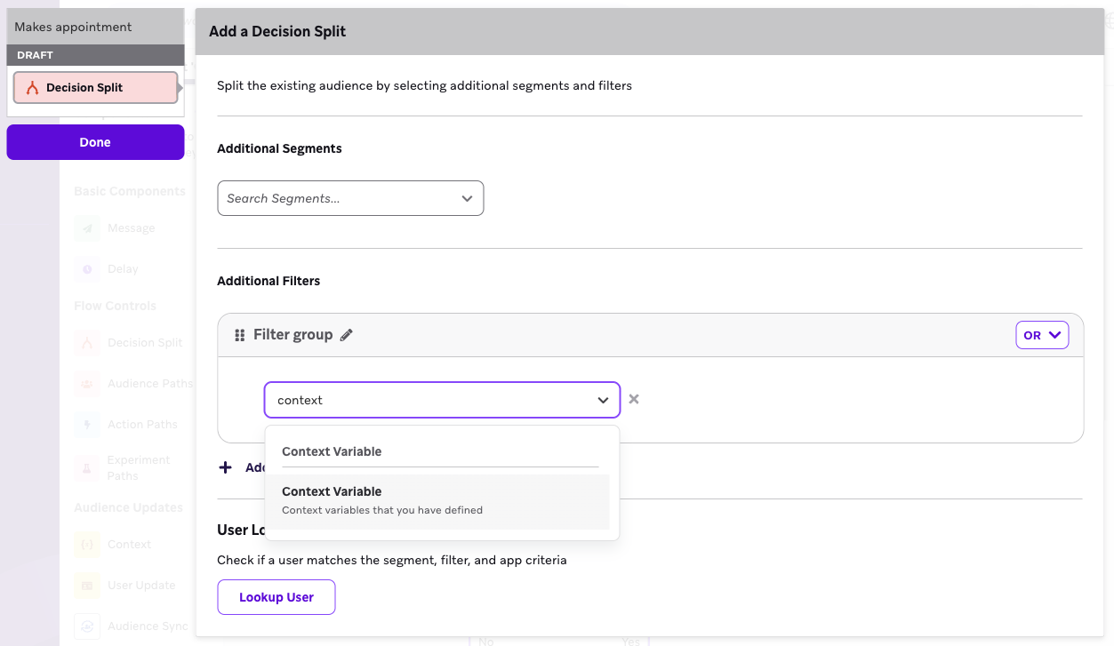 컨텍스트 변수를 사용하여 필터를 생성할 수 있는 결정 분할 단계 예시입니다.