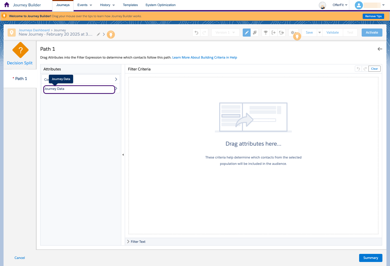 결정 분할의 경로 1에 있는 여정 데이터 섹션입니다.