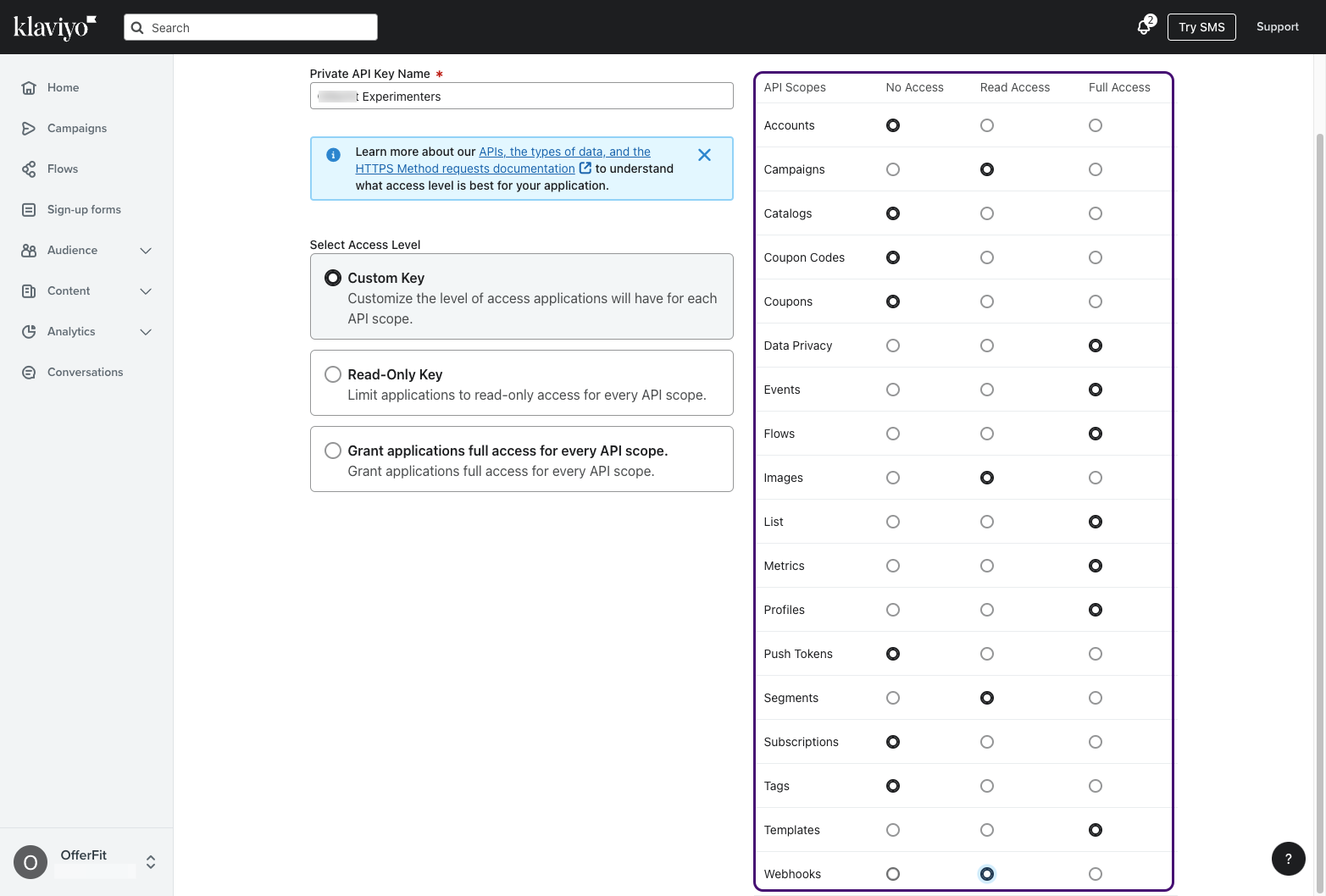 선택한 권한이 있는 클라비요 API 키입니다.