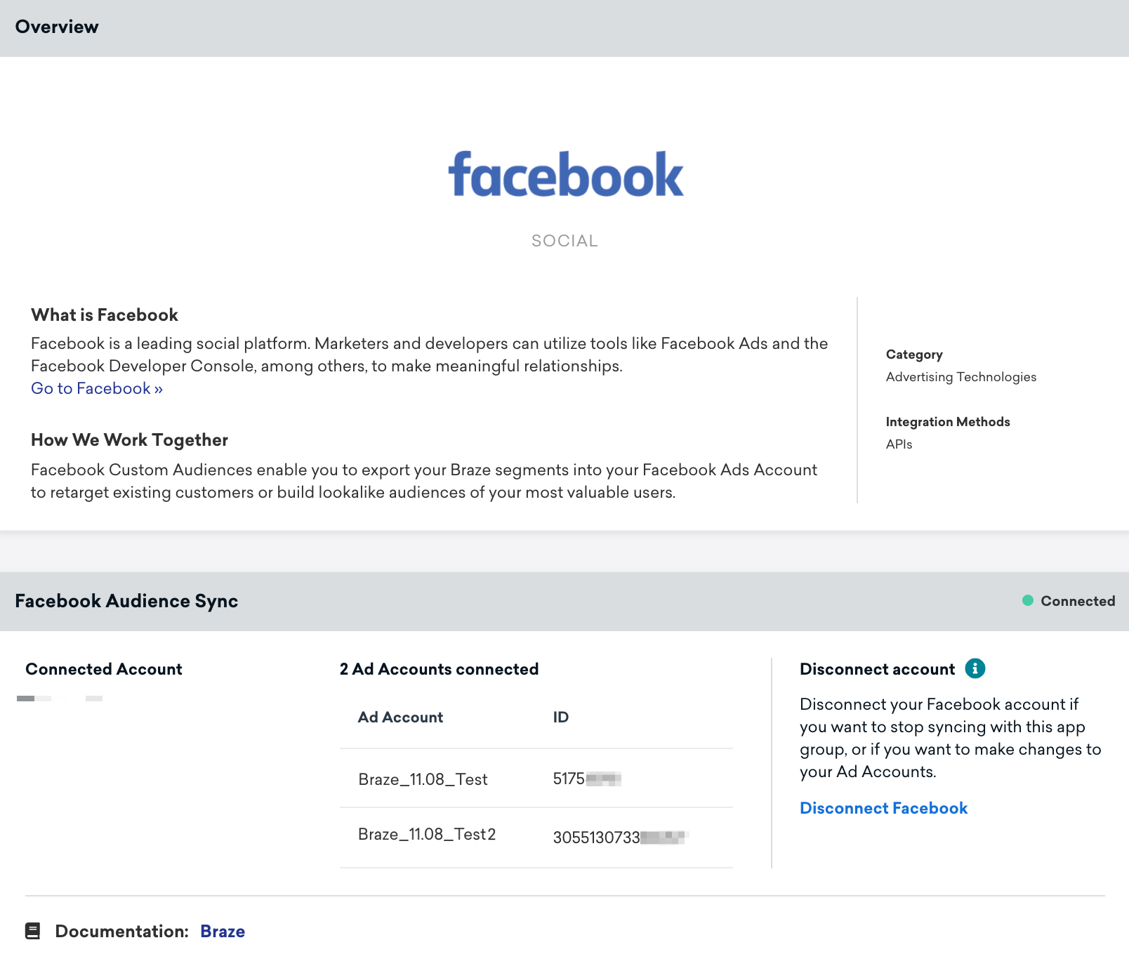 Facebook 기술 파트너 페이지의 업데이트된 버전으로 광고 계정이 성공적으로 연결되었음을 보여줍니다.