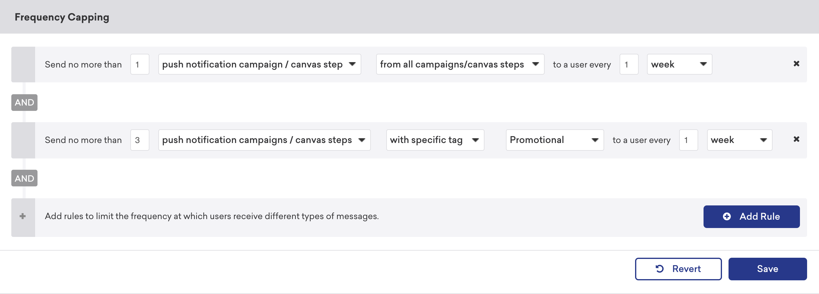 1주일마다 사용자에게 전송되는 푸시 알림 캠페인/캔버스 단계 수를 제한하는 상충되는 규칙이 있는 빈도 제한 섹션입니다.