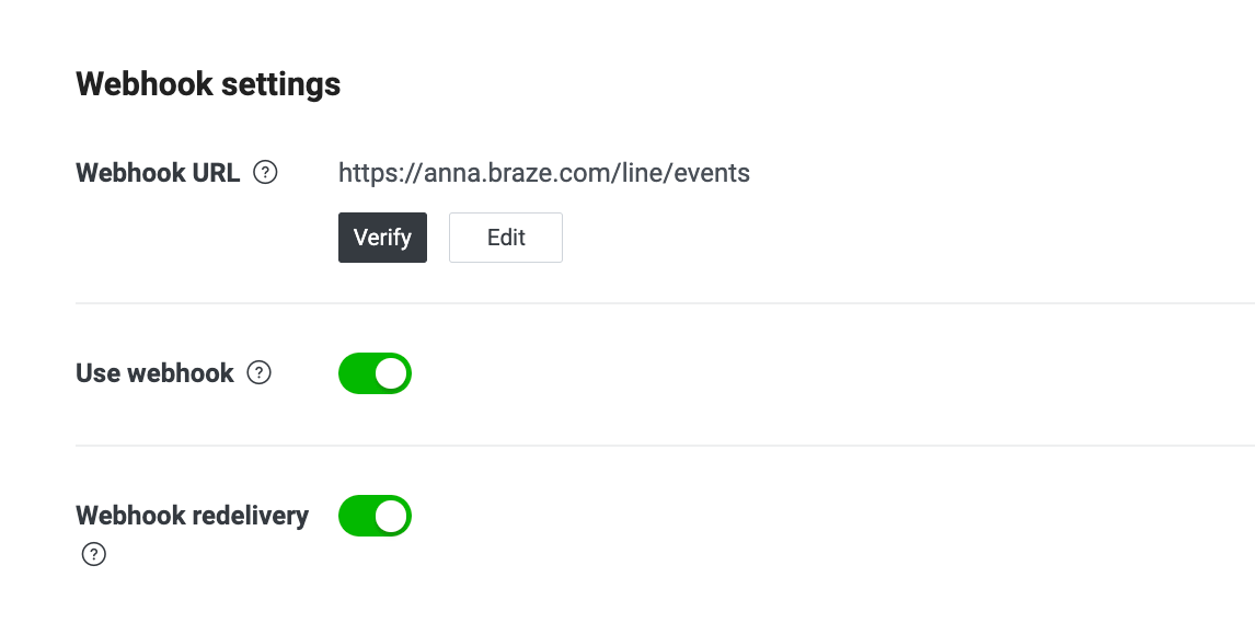 웹훅 설정 페이지에서 "웹훅 사용", "웹훅 재전송" 및 "오류 통계 집계"를 켜거나 끄면서 웹훅 URL을 확인하거나 편집할 수 있습니다.