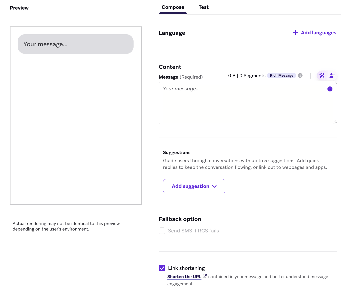 링크 단축 체크박스가 선택된 RCS 메시지 작성기.