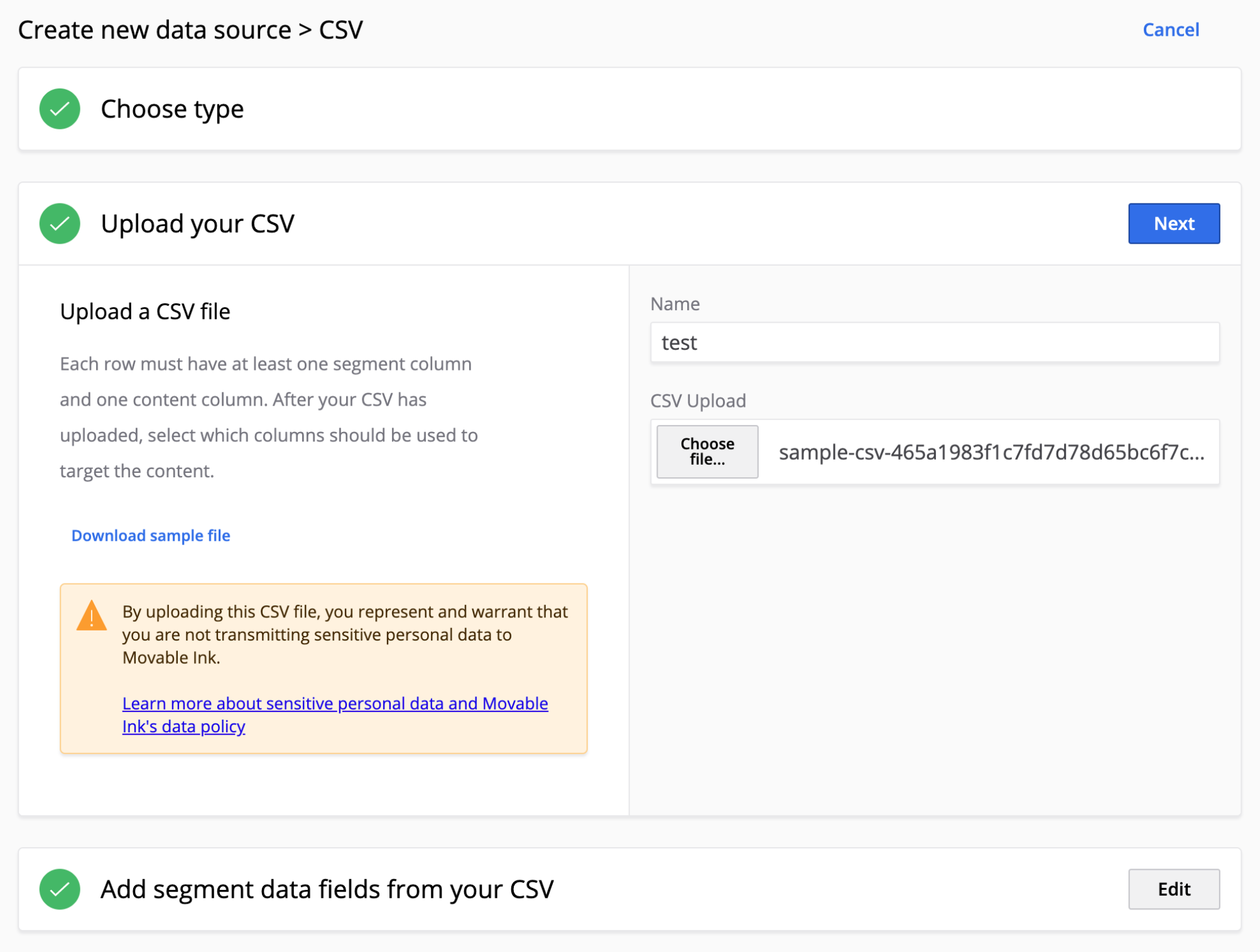 데이터 소스로 'CSV'를 선택하면 표시되는 필드.