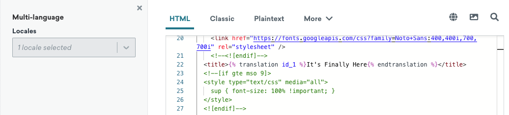 선택한 로캘이 하나 있는 HTML 편집기