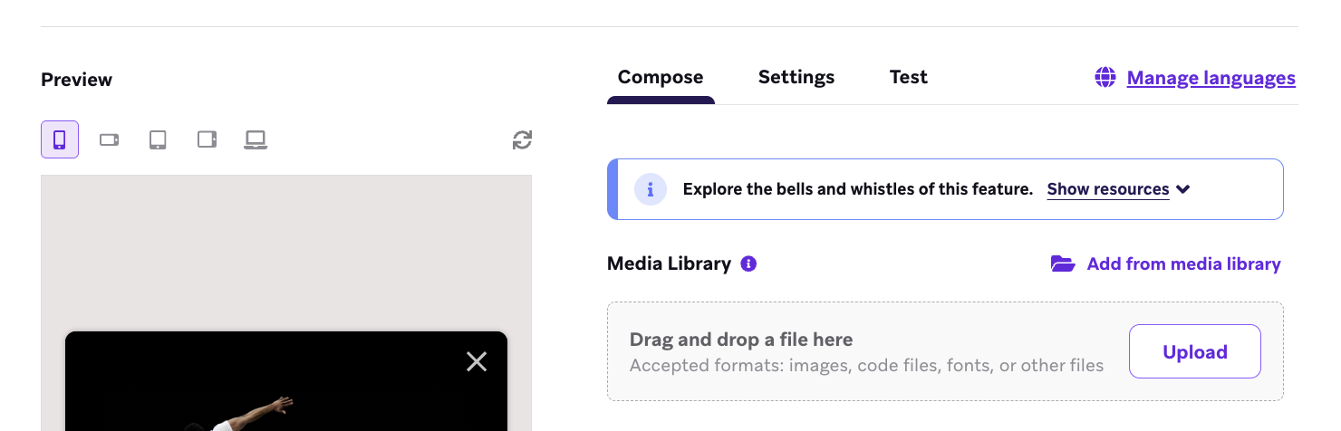 인앱 HTML 메시징에 대한 다국어 설정.