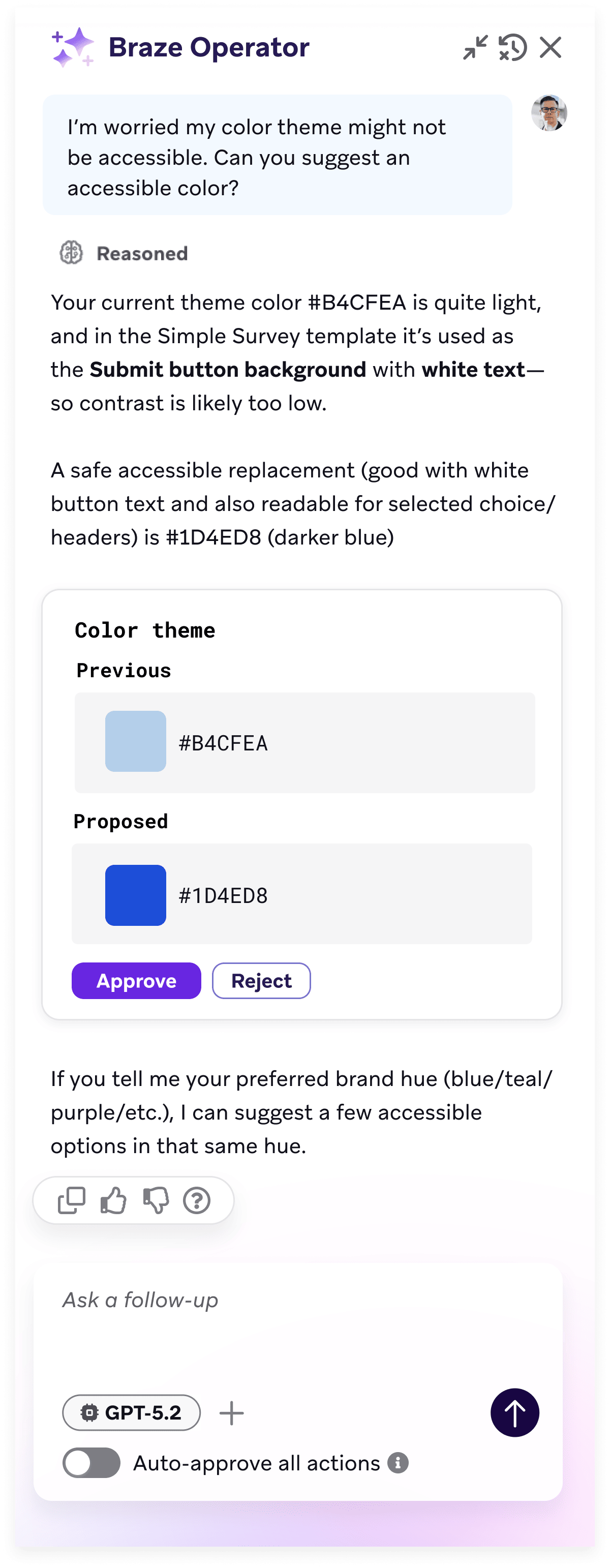Operator가 검토를 위해 제안된 액션 카드를 표시함.