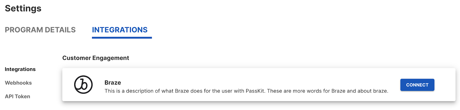 PassKit 플랫폼의 Braze 통합 타일입니다.