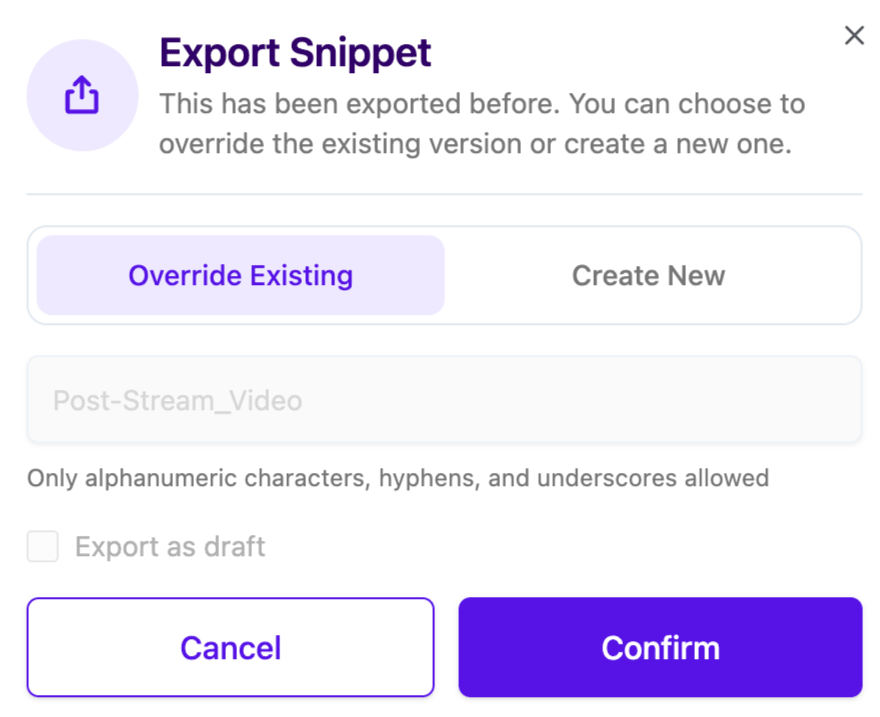 기존 Content Block을 업데이트하기 위해 Override Existing 선택