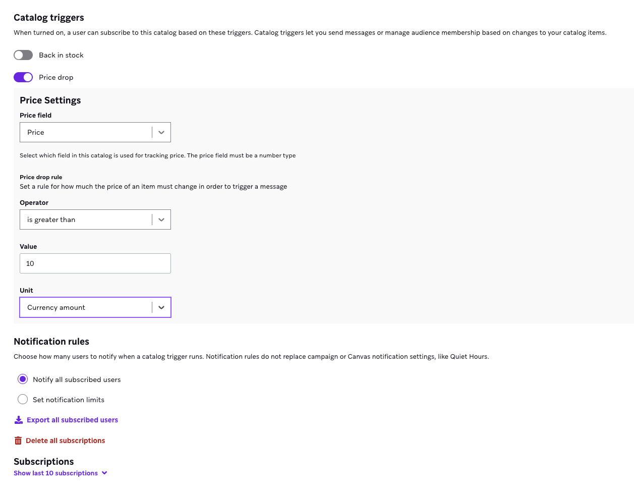 카탈로그 설정에 가격 하락 기능이 켜져 있습니다. 가격 인하 규칙은 원래 가격에 대한 3%의 변경입니다.