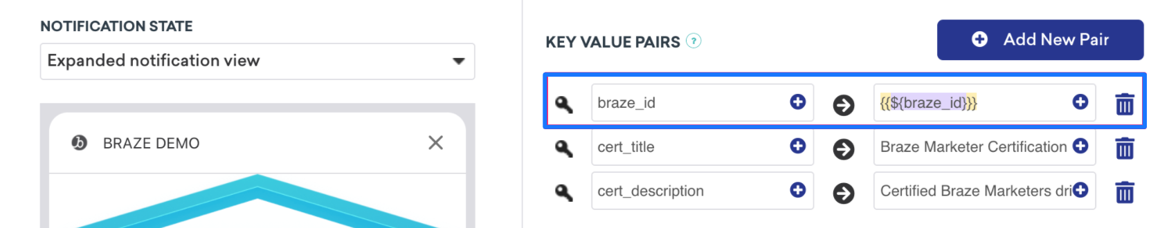 세 세트의 키-값 쌍이 포함된 푸시 메시지입니다. 1. 'Braze_id'를 Liquid 호출로 설정하여 Braze ID를 검색합니다. 2. 'cert_title'을 'Braze 마케터 인증'으로 설정합니다. 3. "Cert_description"을 "공인 브라즈 마케터 드라이브..."로 설정.