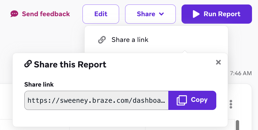"보고서 링크가 있는 '링크 공유' 드롭다운을 클릭합니다.