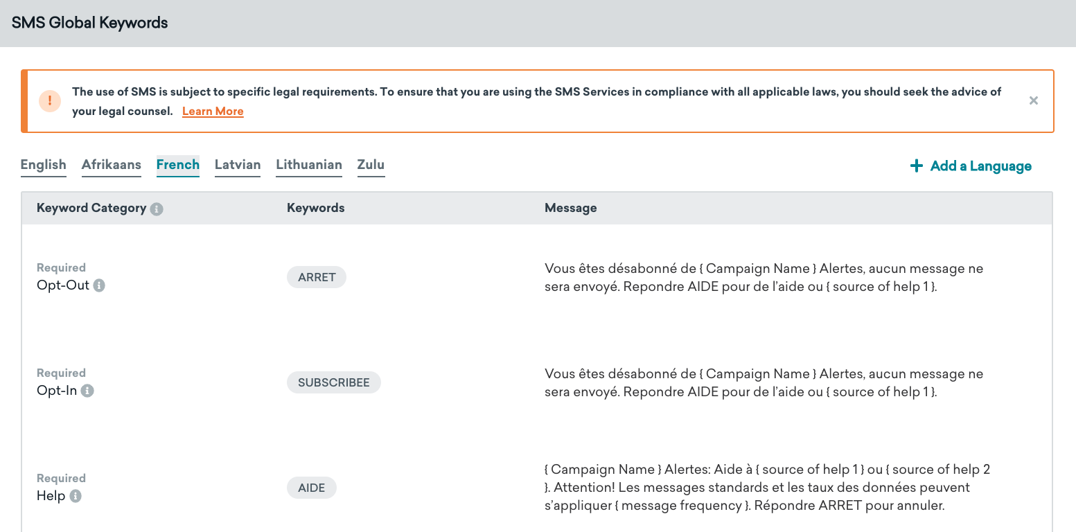 "프랑스어" 탭이 선택된 SMS 글로벌 키워드 페이지로 이동합니다. 추가된 각 언어에 대한 추가 탭이 있습니다.