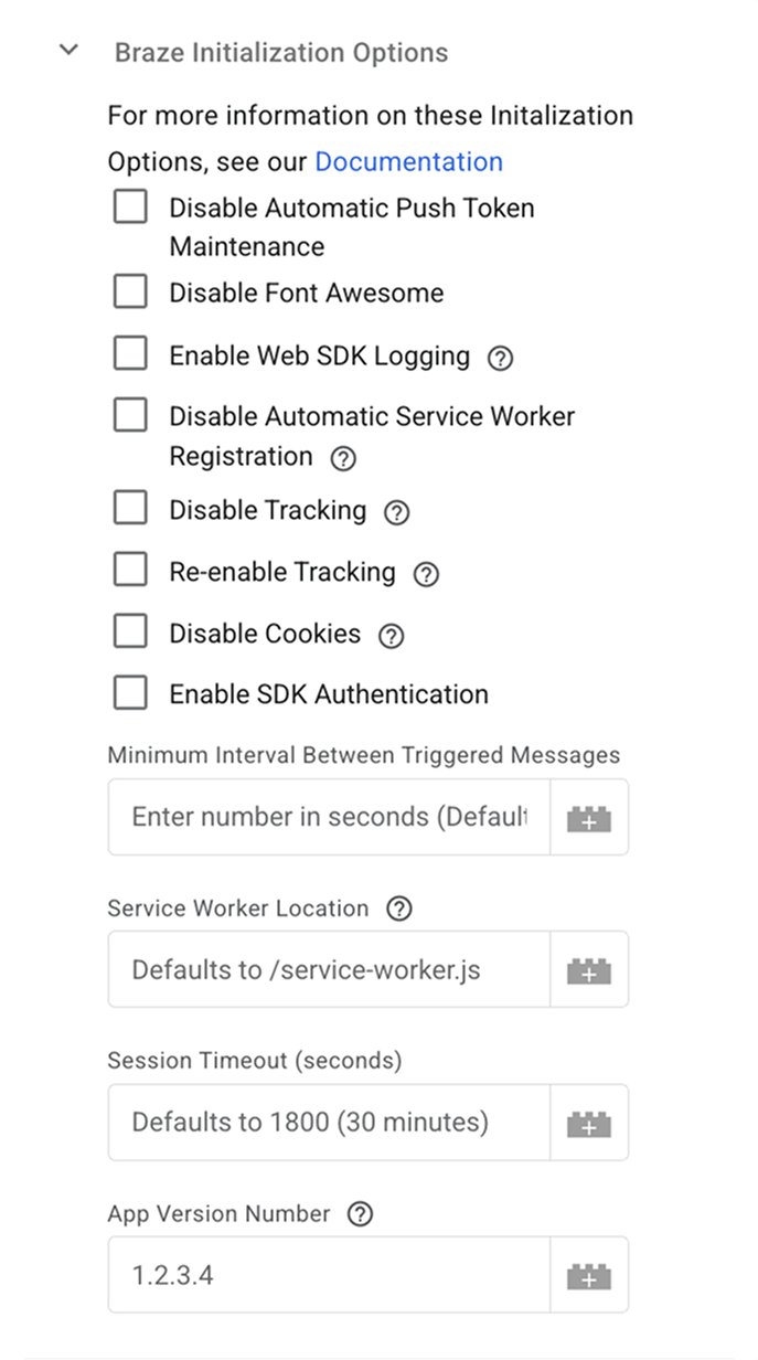 '태그 구성' 아래의 Braze 초기화 옵션 목록