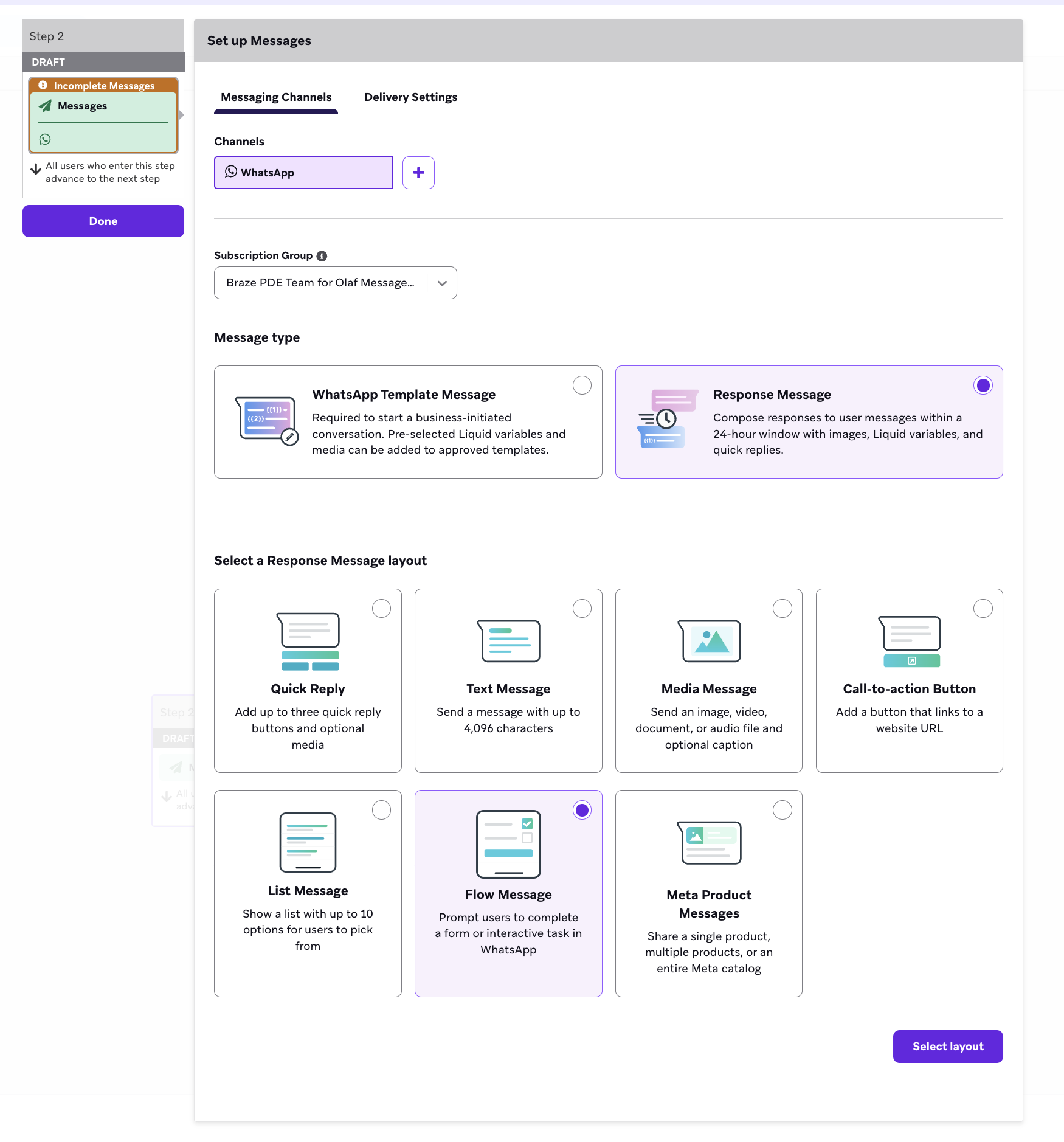 WhatsApp 응답 메시지 유형 및 플로우 메시지 레이아웃에 대한 메시지 단계입니다.