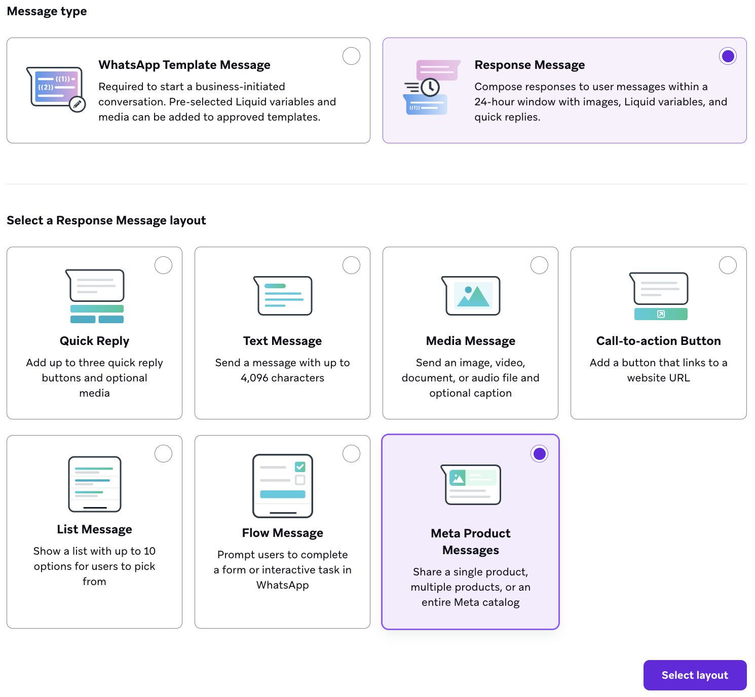 메시지 유형과 응답 메시지 레이아웃을 선택하는 옵션으로, "Response Message"와 "Meta Product Messages"가 강조 표시된 화면.