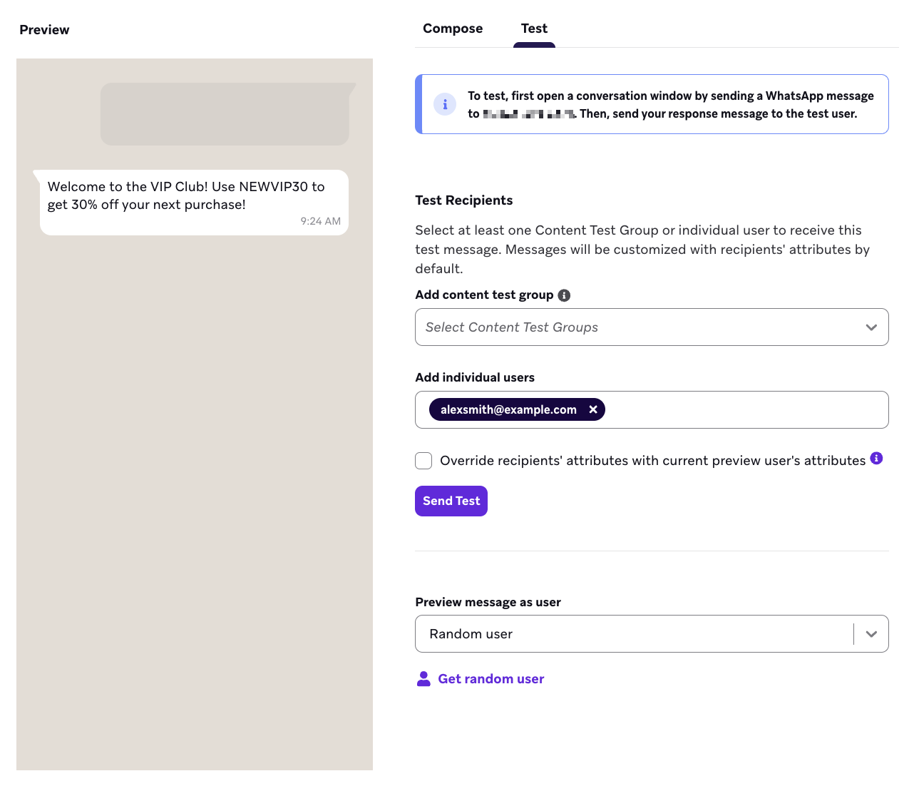 WhatsApp 메시지를 테스트합니다.