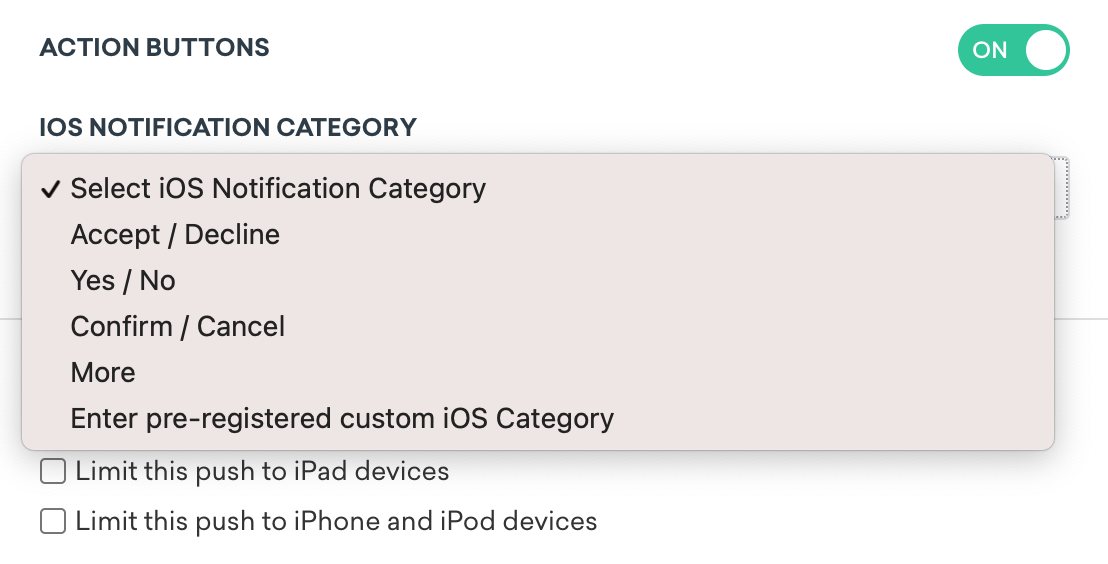 iOS 알림 카테고리 드롭다운 메뉴.