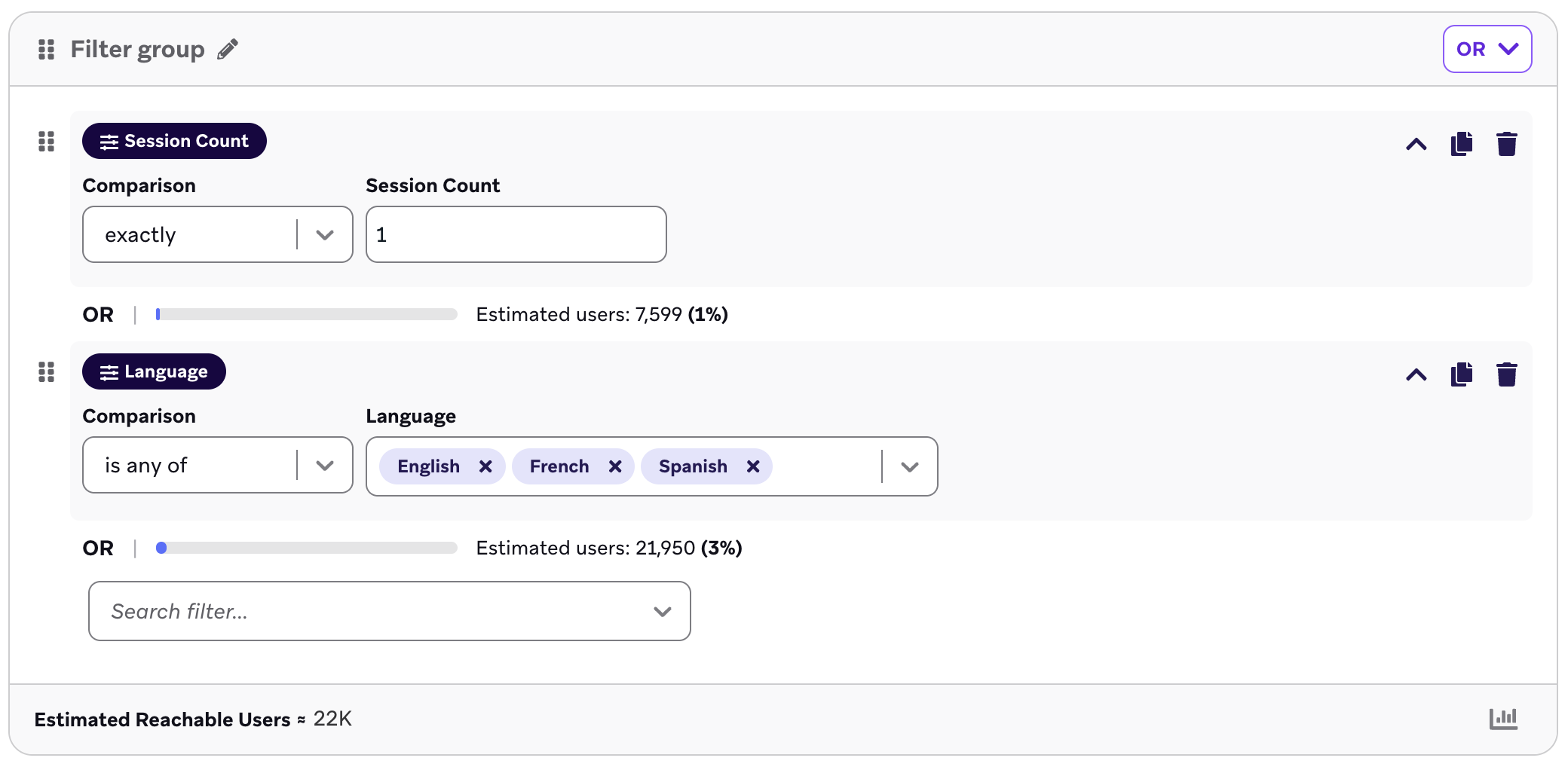 세그먼트 퍼널 통계가 있는 두 개의 필터.