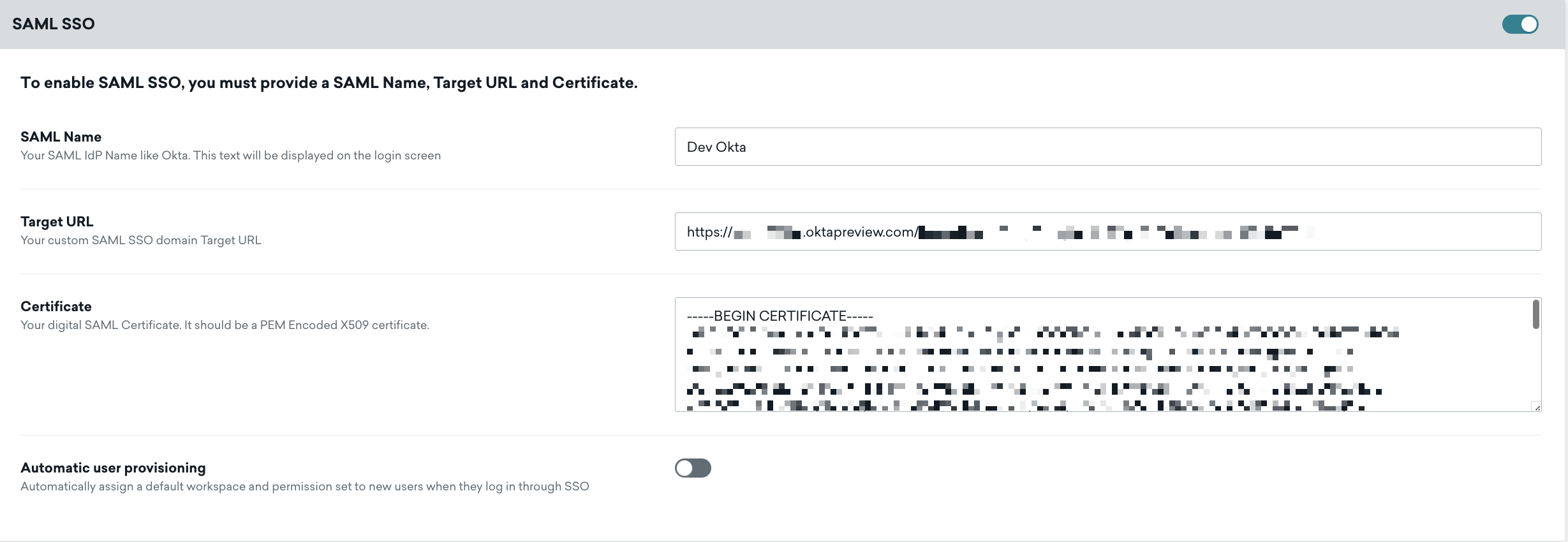 Okta SAML SSO ativado na página de Configurações de Segurança.