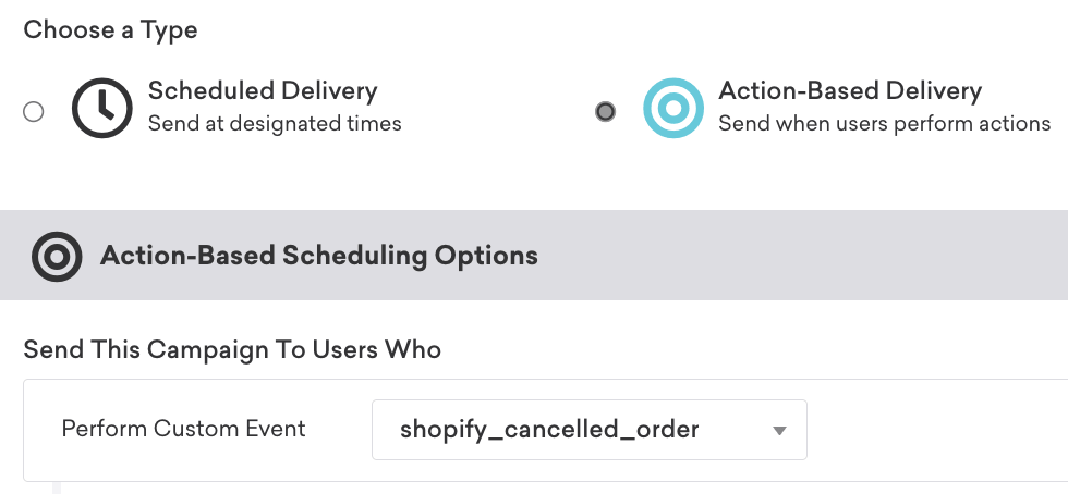 Campanha baseada em ação que insere usuários que realizam o evento personalizado "shopify_cancelled_order".