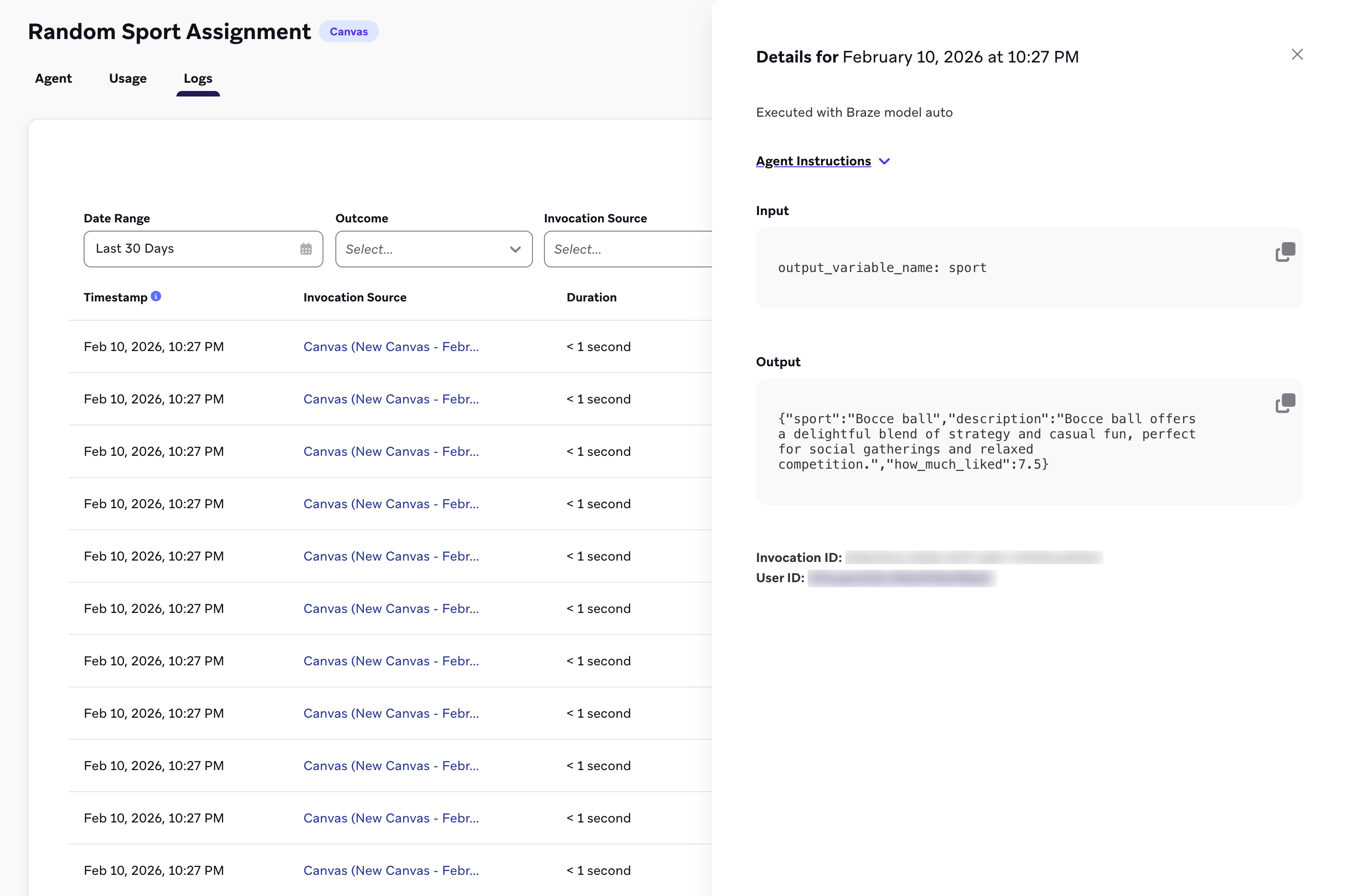 O painel de detalhes para uma Atribuição Aleatória de Esportes de agente que mostra o prompt de entrada, resposta de saída e um ID de usuário associado.
