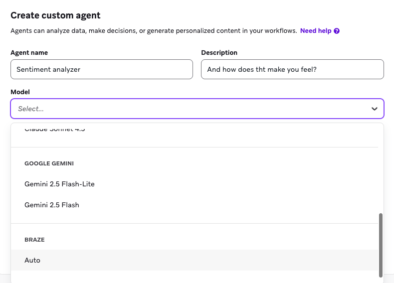 Interface do console do agente para criar um agente personalizado no Braze. A tela exibe campos para inserir o nome e a descrição do agente e selecionar um modelo.