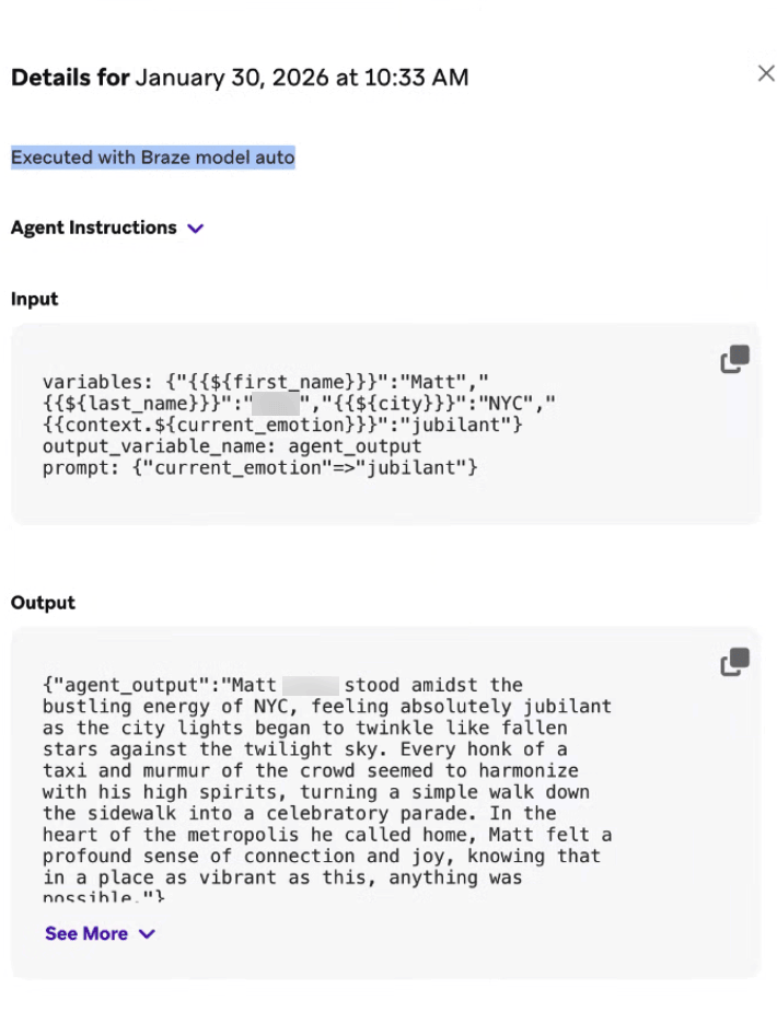 Os detalhes de um agente que tenha Liquid em suas instruções.