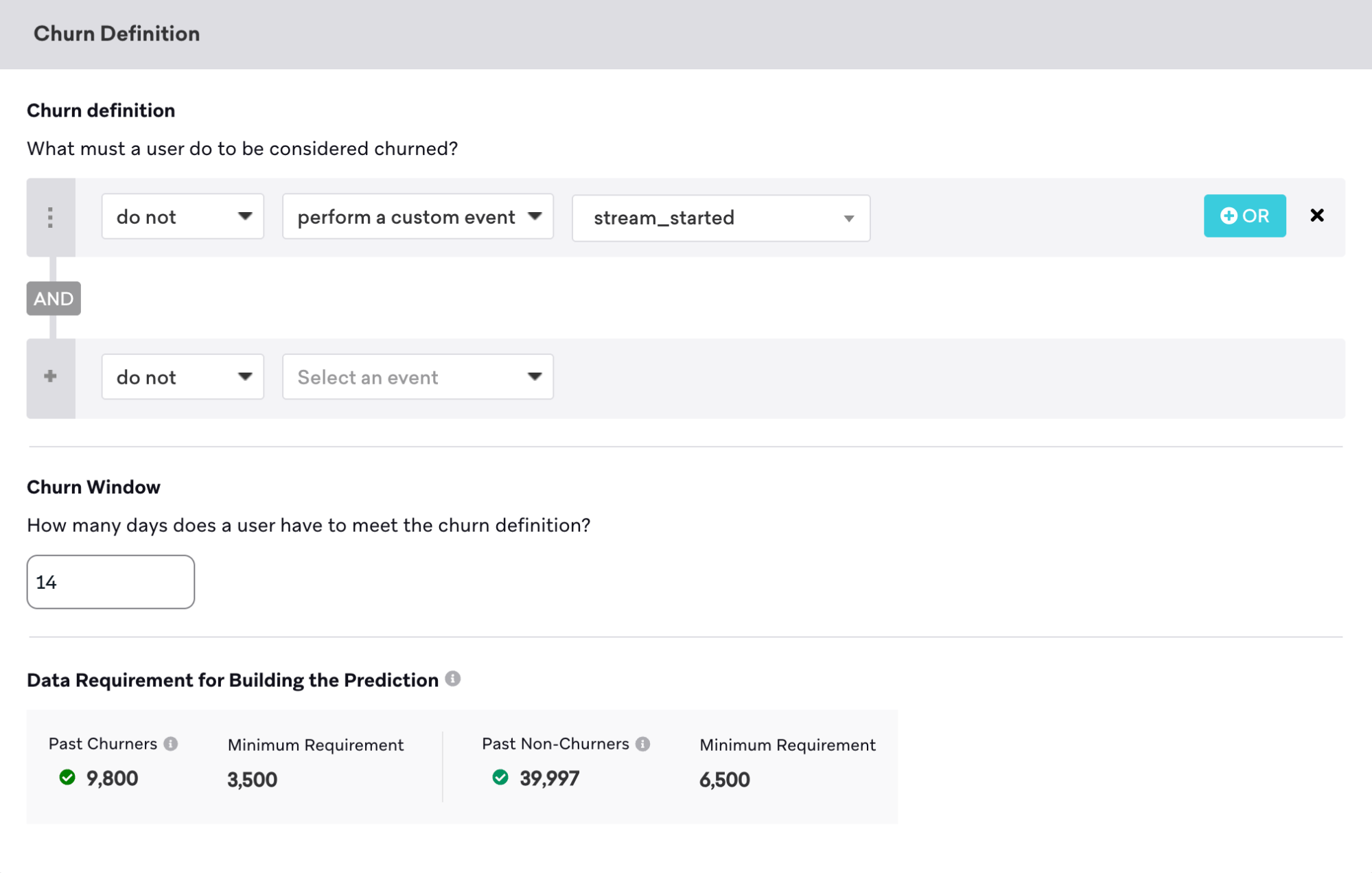 Definição de churn mostrando o churn definido como um usuário que não realiza um evento personalizado "stream_started" nos últimos 14 dias.