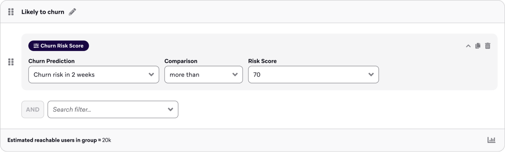 Filtragem de segmentos para usuários com uma pontuação de risco de churn superior a 70.