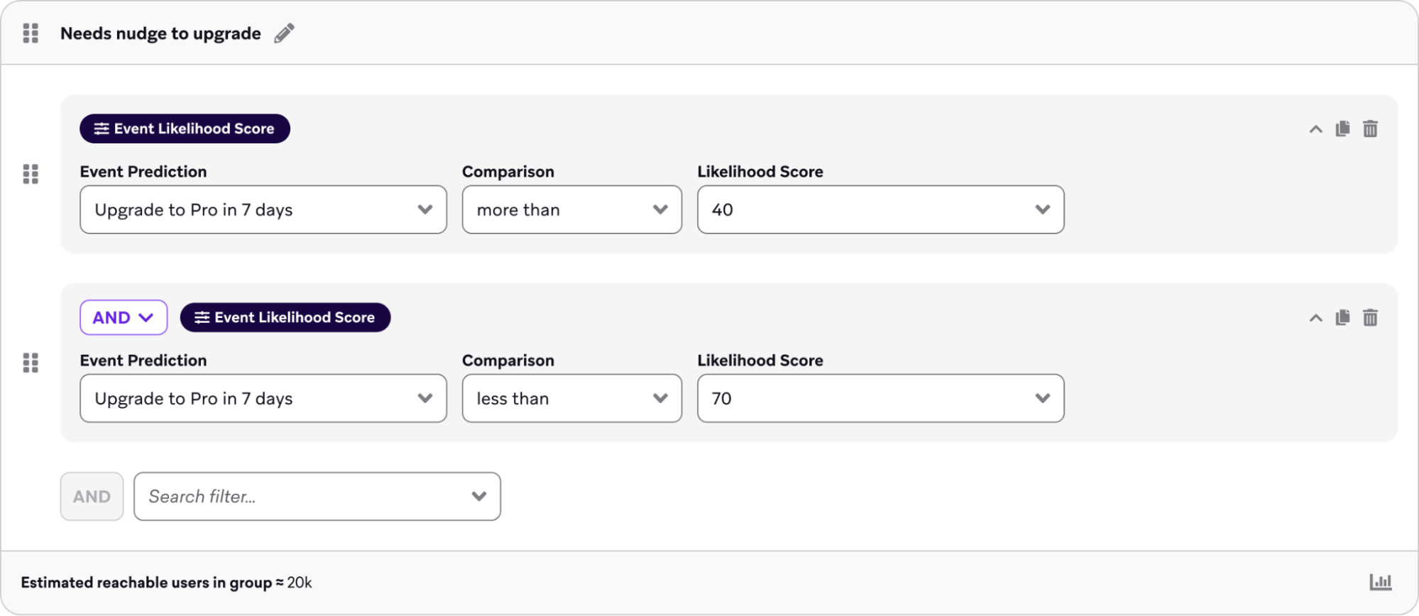 Criador de segmentos com dois filtros para Event Likelihood Score.