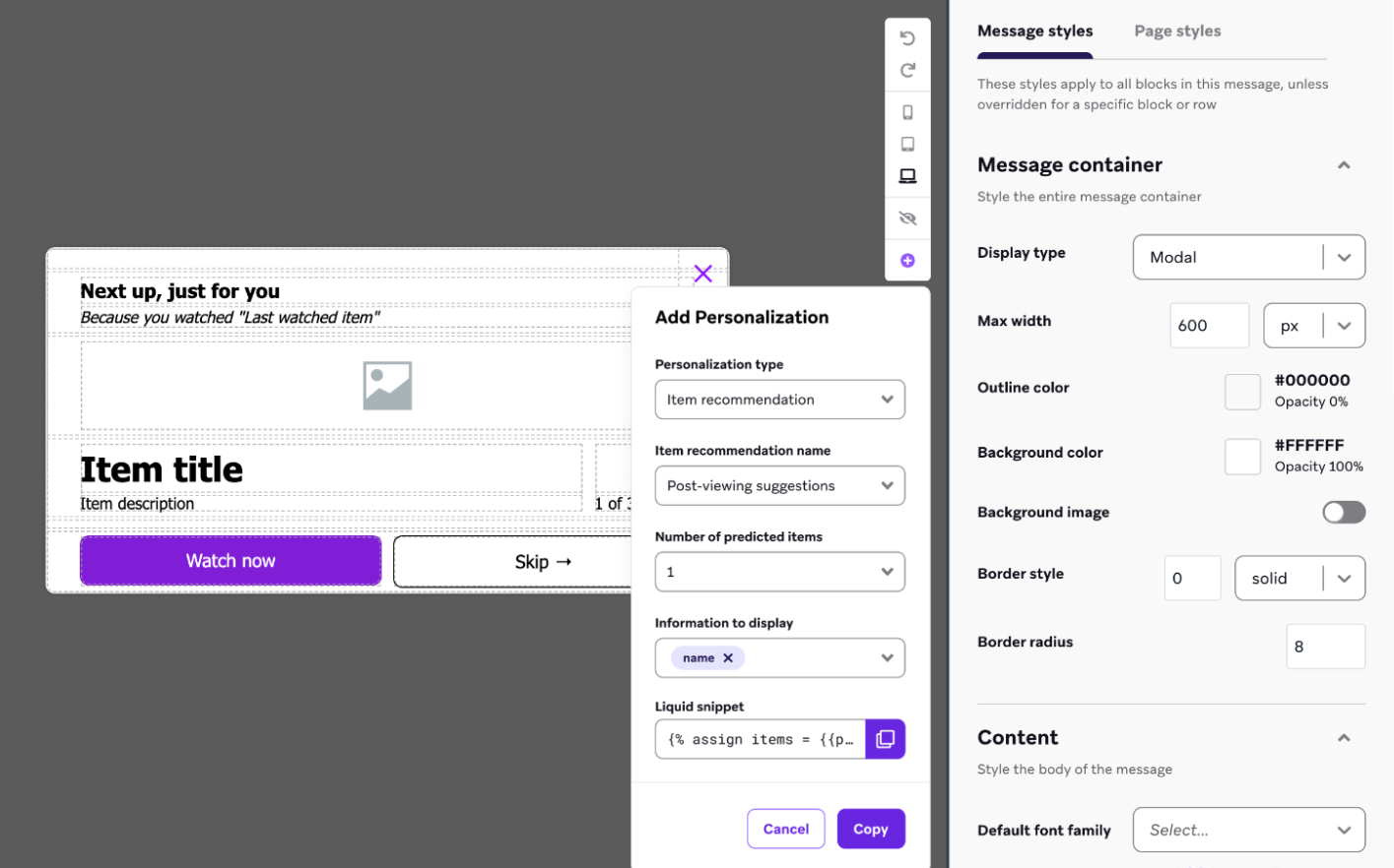 Modal "Add Personalization" aberto no editor do Braze, com "Item recommendation" selecionado como o tipo de personalização.