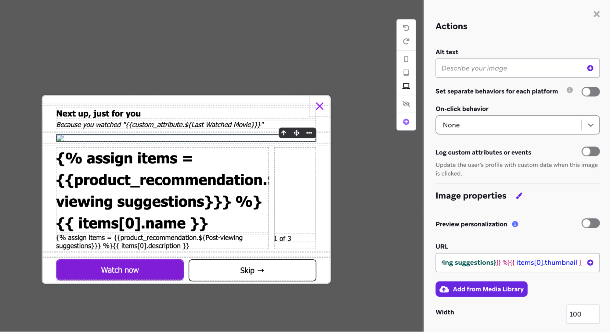 Editor de mensagens no app com Liquid bruto para modelar em campos específicos de itens do catálogo da recomendação.