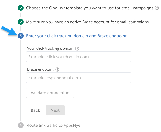 Interface do AppsFlyer destacando onde os clientes devem adicionar seu domínio de rastreamento de cliques e os detalhes associados.