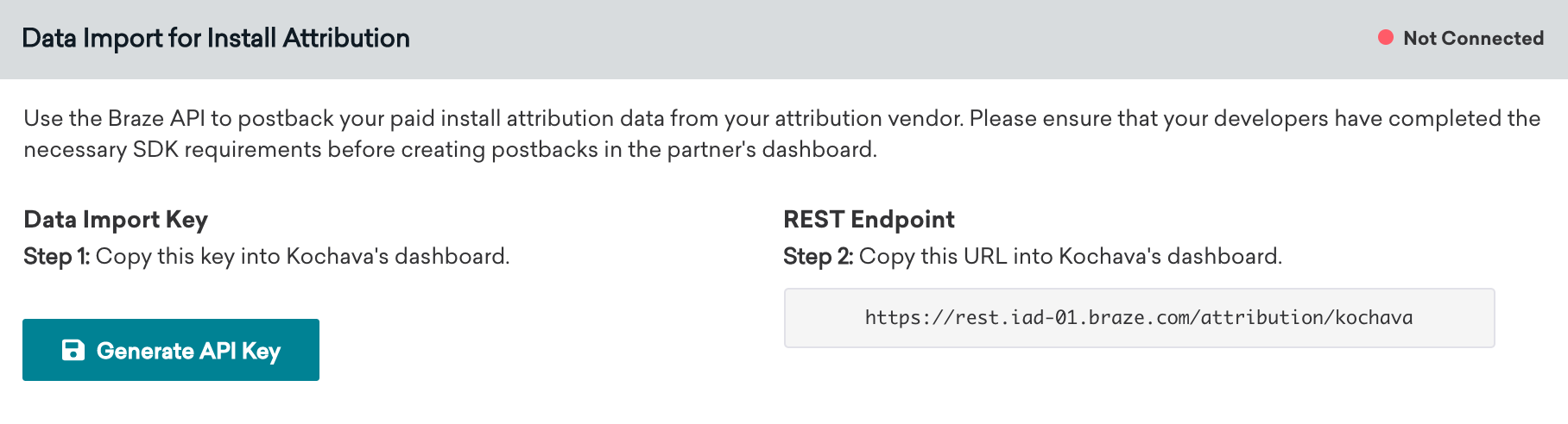 Esta imagem mostra a caixa "Data Import for Install Attribution" (Importação de dados para atribuição de instalação) encontrada na página de tecnologia do Kochava. Essa caixa contém chave de importação de dados e o endpoint REST.