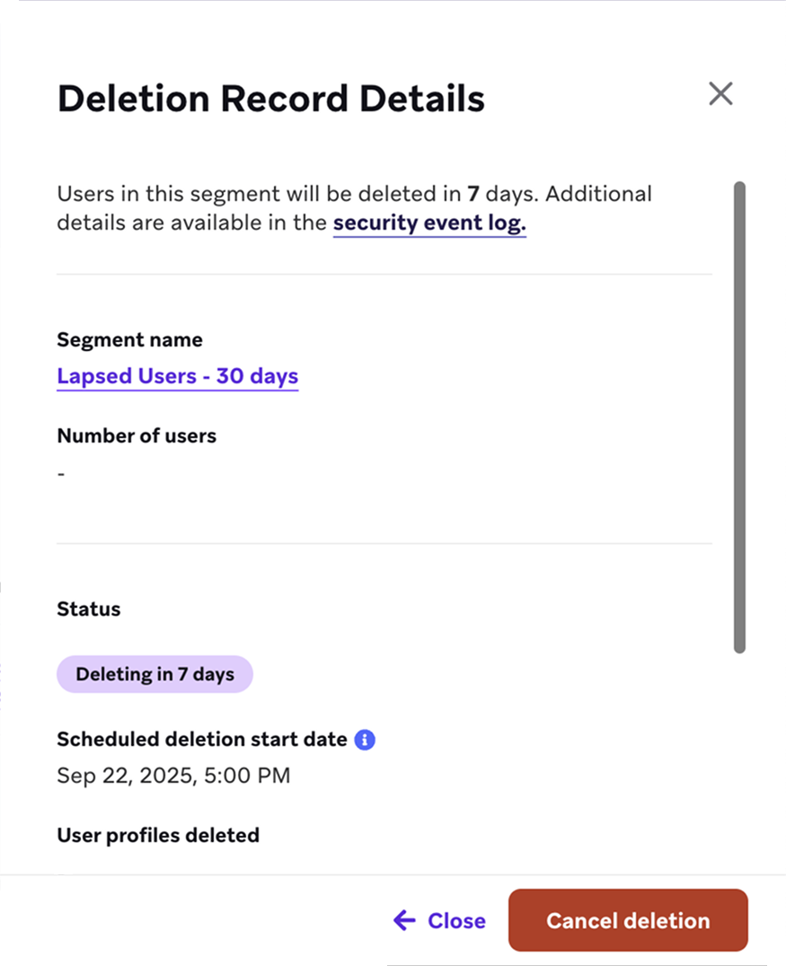 A janela 'Detalhes do Registro de Exclusão' na guia 'Excluir Usuários'.