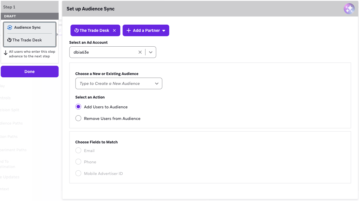 Configuração do Audience Sync para adicionar usuários ao público.