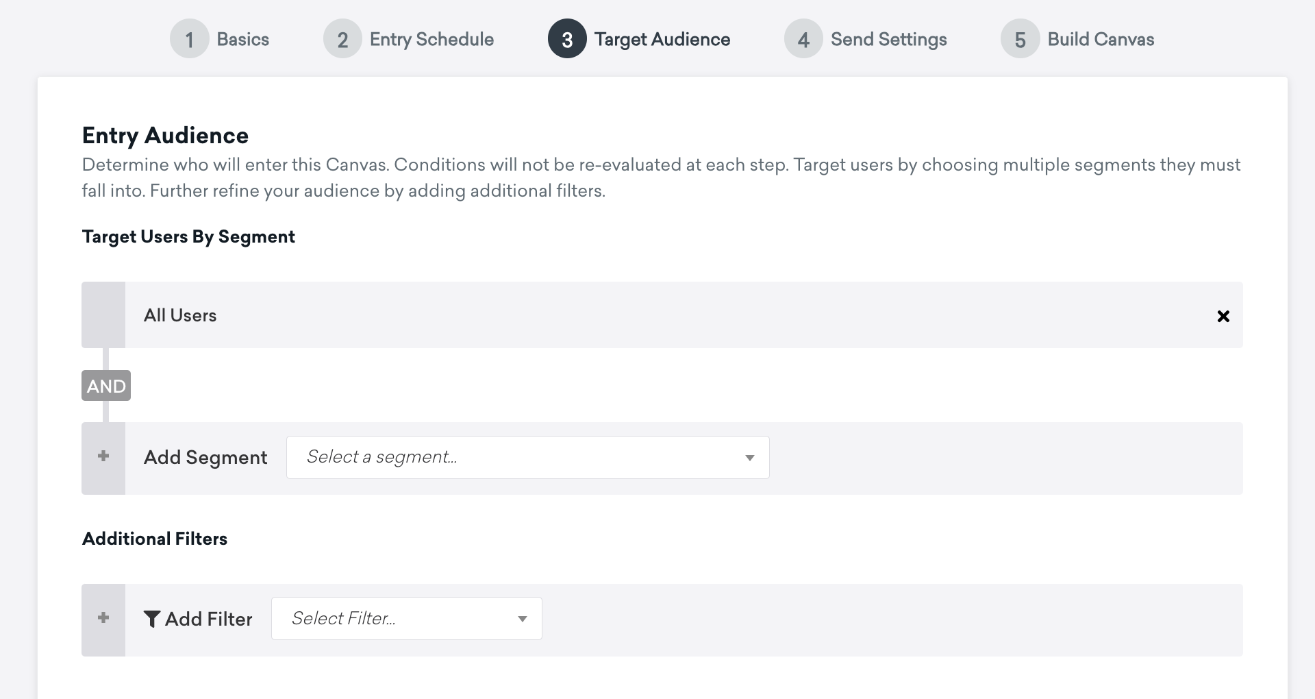 Etapa 3 da criação de um canva com opções para selecionar segmentos e filtros para restringir o público-alvo.