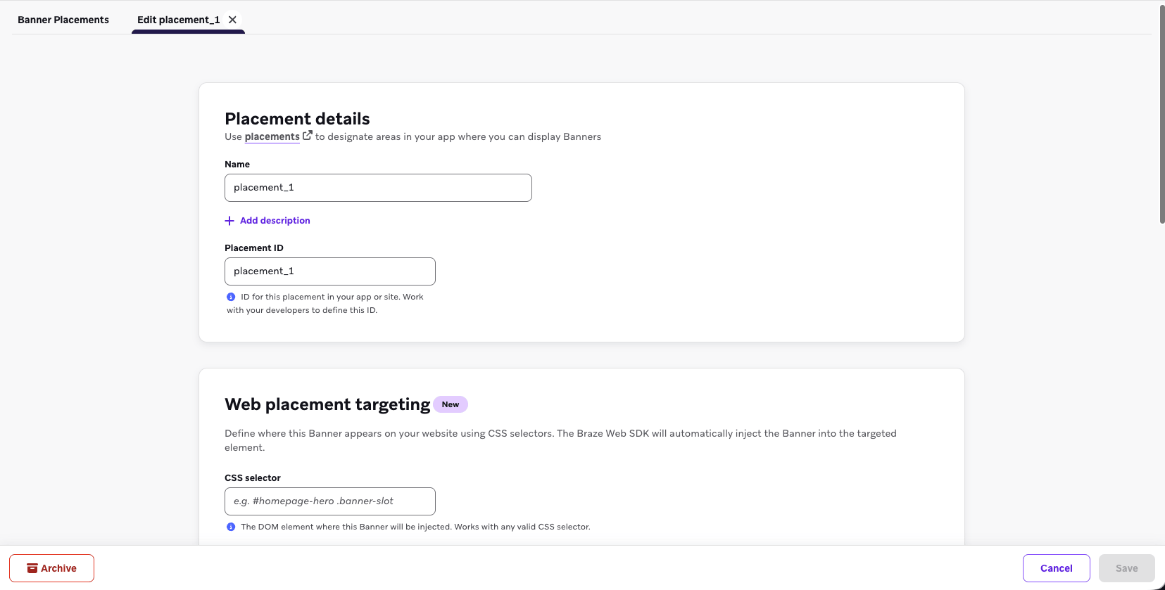 Os campos de entrada do direcionamento na web ficam abaixo do nome e do ID do posicionamento.