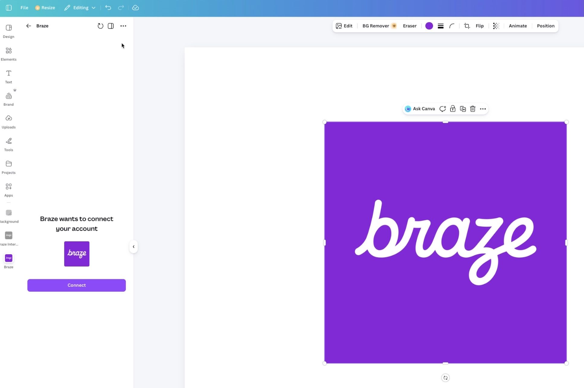 Botão Connect e fluxo de autorização para vincular o Canva à Braze.