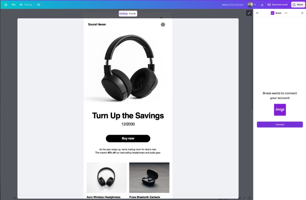 Barra lateral da Braze no Canva solicitando Connect para exportação de e-mail.