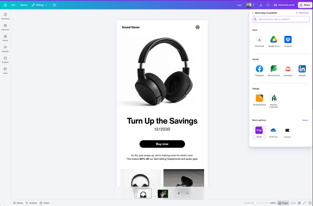 Mais formas de publicar no Canva com a Braze em More options.