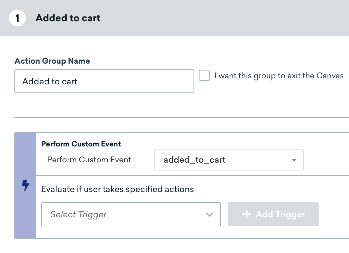 O nome do grupo de ações definido como "Adicionado ao carrinho" e o "Executar Evento Personalizado" definido como "adicionado_ao_carrinho".