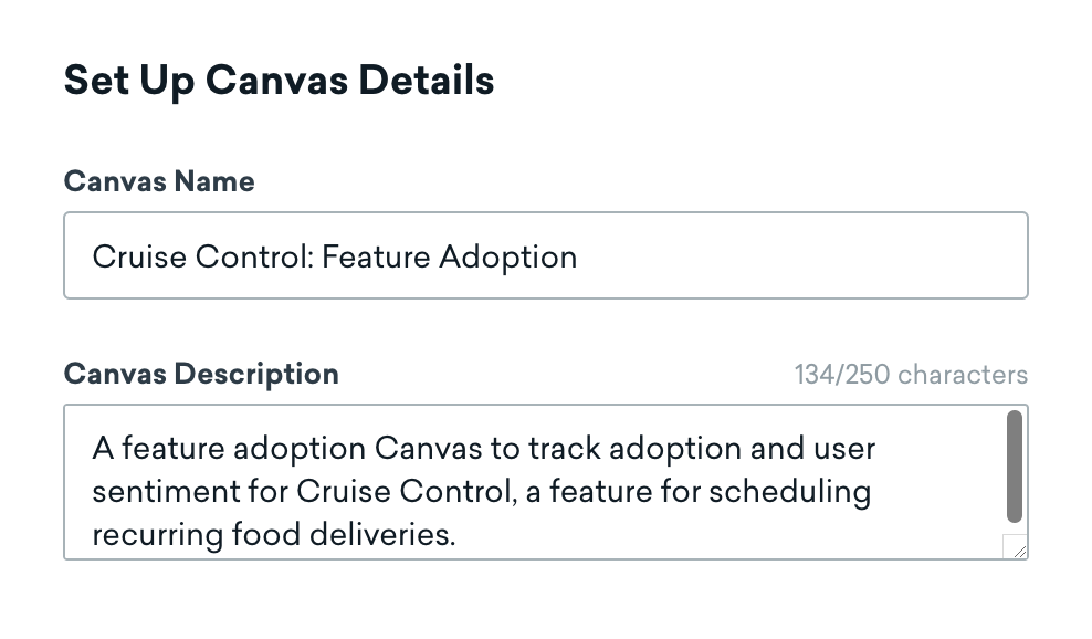 O novo nome e descrição para o canva. A nova descrição afirma: Uma adoção de canva para rastrear a adoção e o sentimento do usuário para o Controle de Cruzeiro, uma funcionalidade para agendar entregas de alimentos recorrentes.