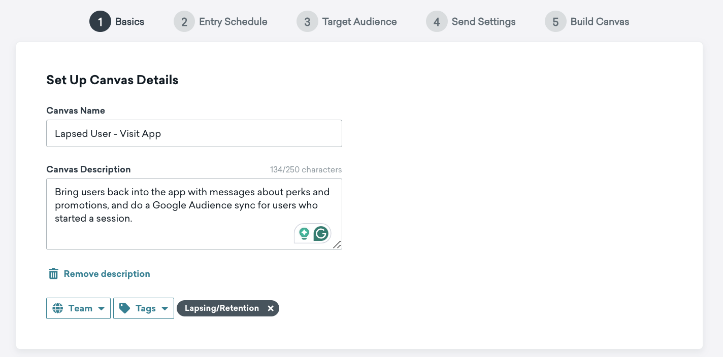 Etapa do canva "Set Up Canvas Details" (Configurar detalhes do canvas) com o nome do canvas "Lapsed User - Visit App" (Usuário expirado - Visitar aplicativo) e uma breve descrição do canvas